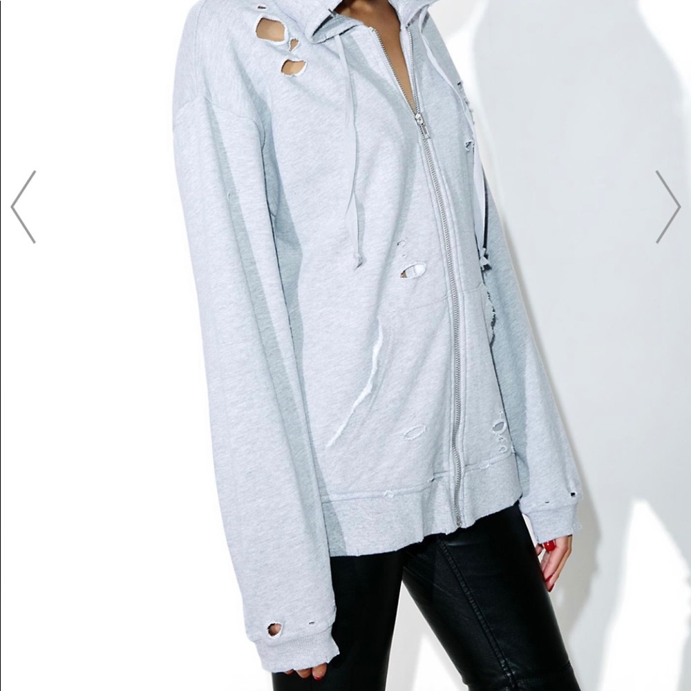 Dolls Kill, Distressed Grey Zip Up Hoodie